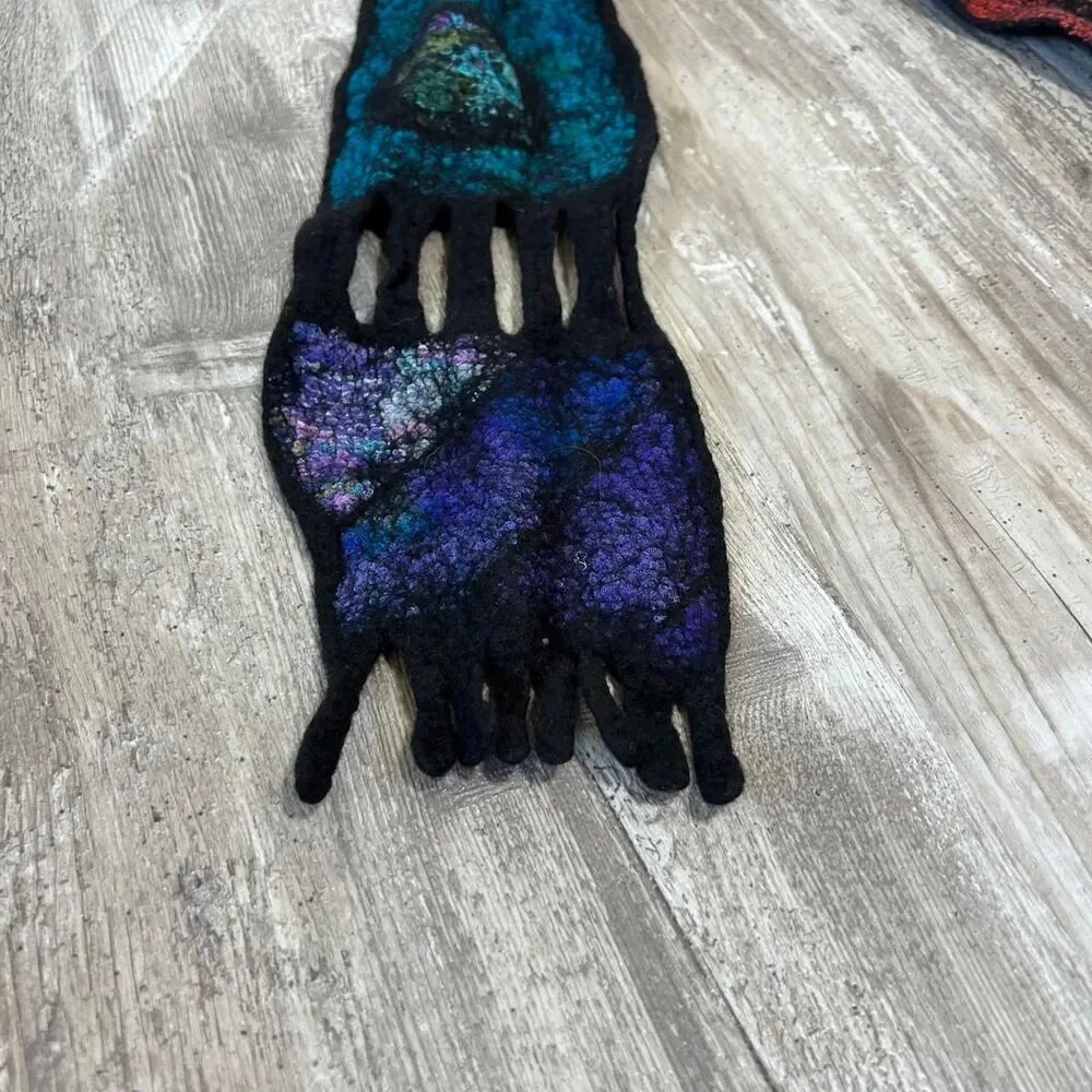 Handmade boho, avant-garde artisan felted scarf with patchwork design and fringe